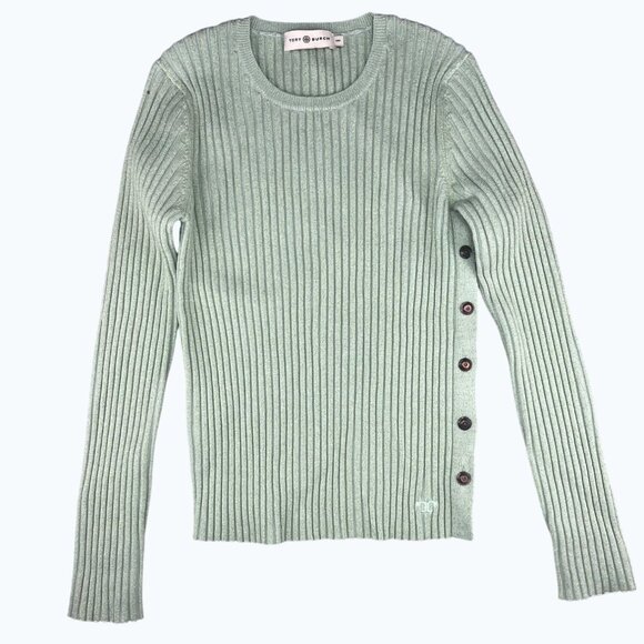 Tory Burch Lurex Stripe Metallic Ribbed Knit Side-Button Sweater Clear Mint M - Picture 2 of 14